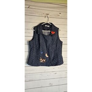Women Denim Vest Cotton Blue Size L Full Zip Collared Patches Heart Butterfly